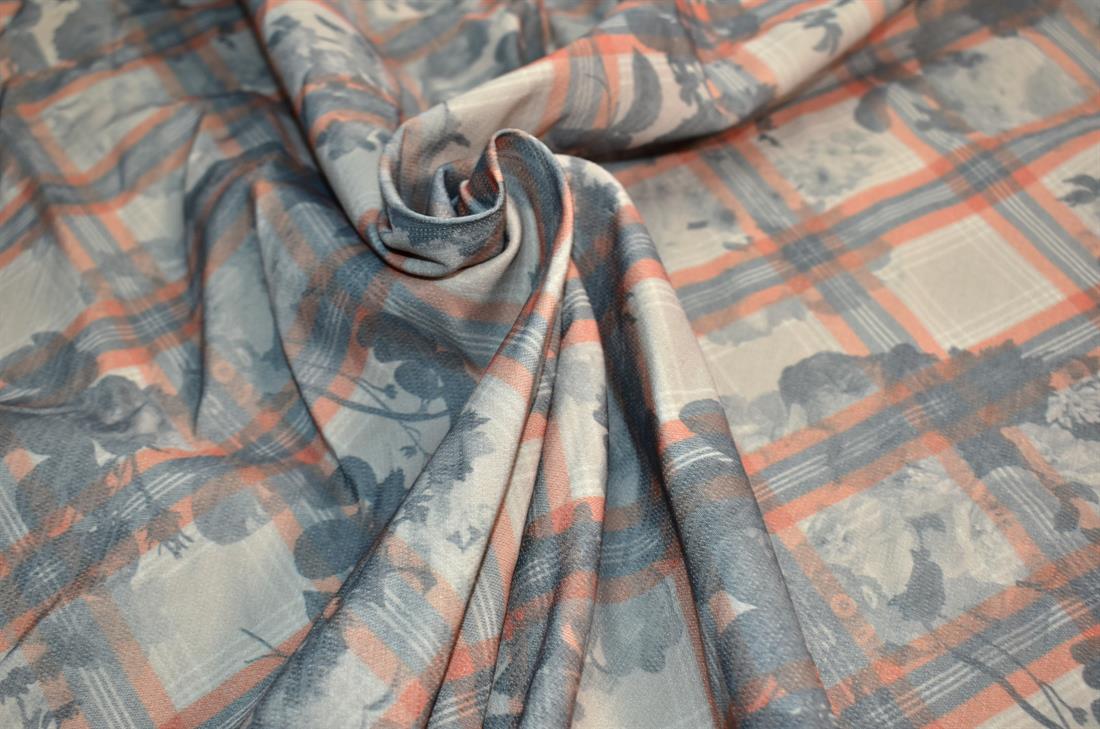 Sage Green & Orange Printed Polyester Fabric