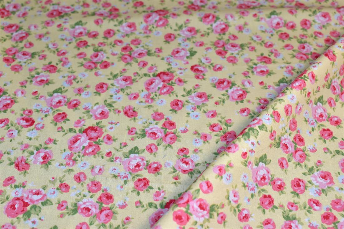 Yellow & Pink Printed Floral 100% Cotton Poplin Fabric