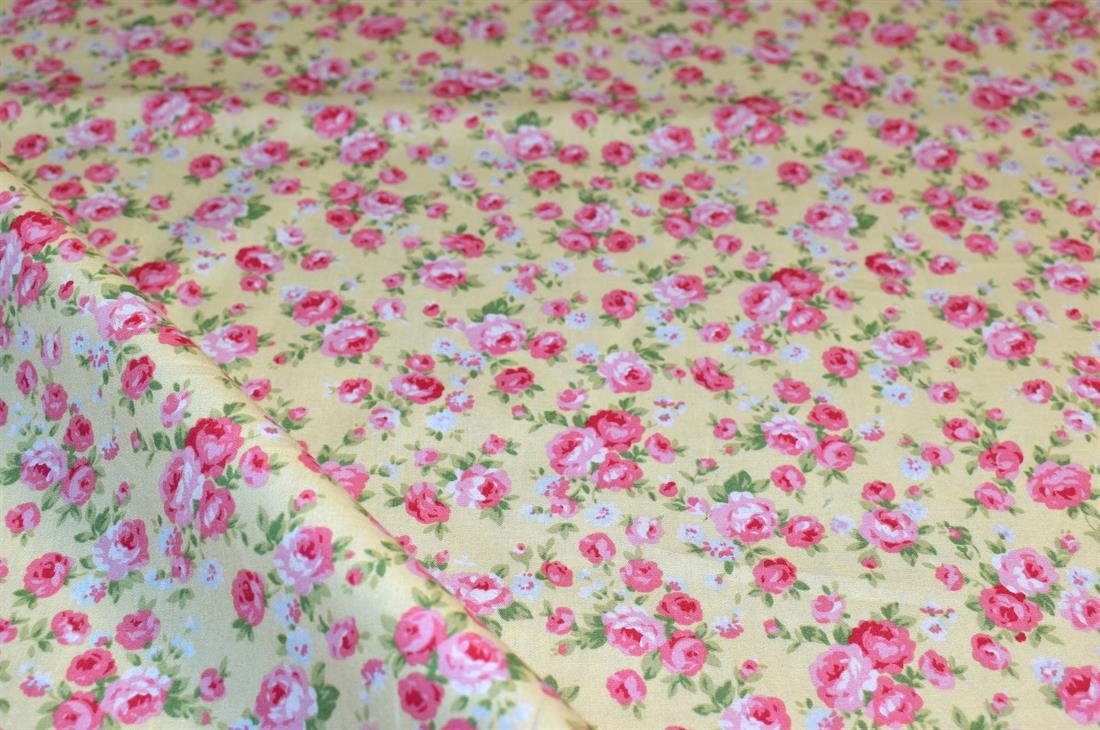 Yellow & Pink Printed Floral 100% Cotton Poplin Fabric