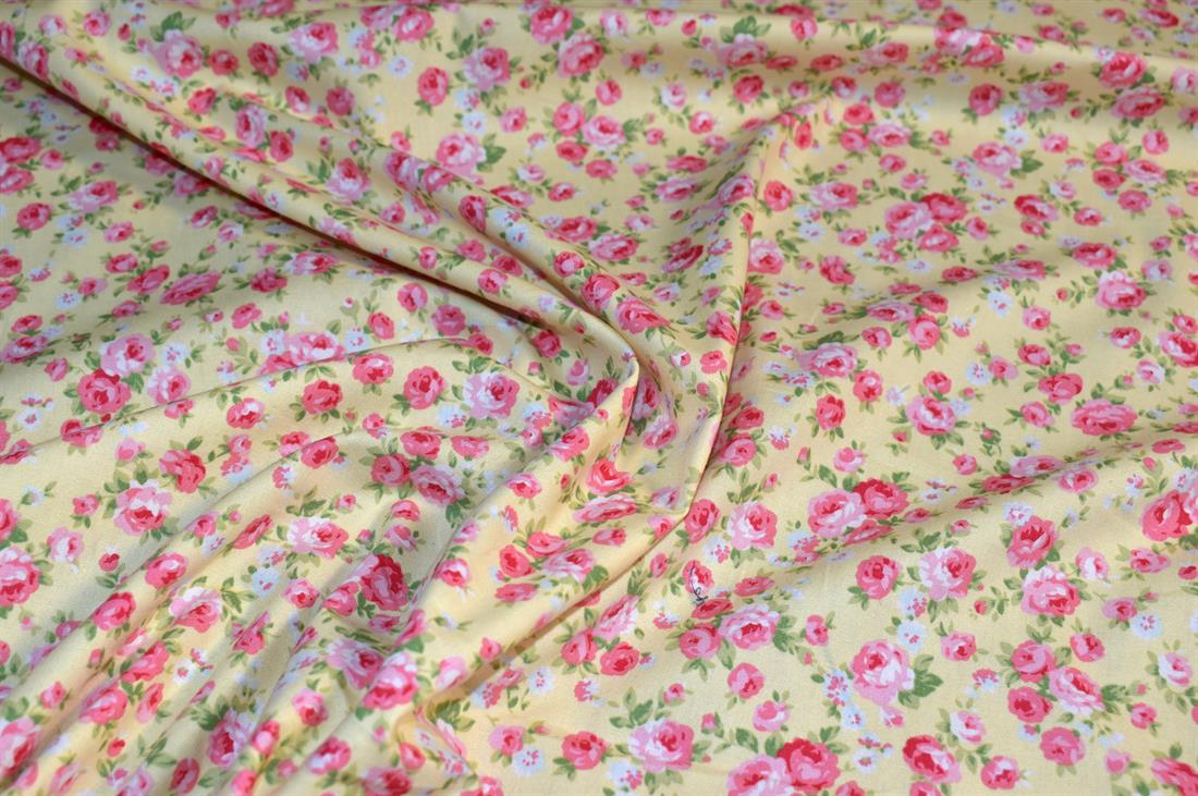 Yellow & Pink Printed Floral 100% Cotton Poplin Fabric