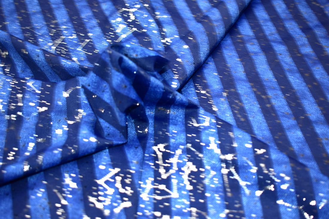 Royal Blue & Navy Printed Stretchy Metallic Look Foil Jersey