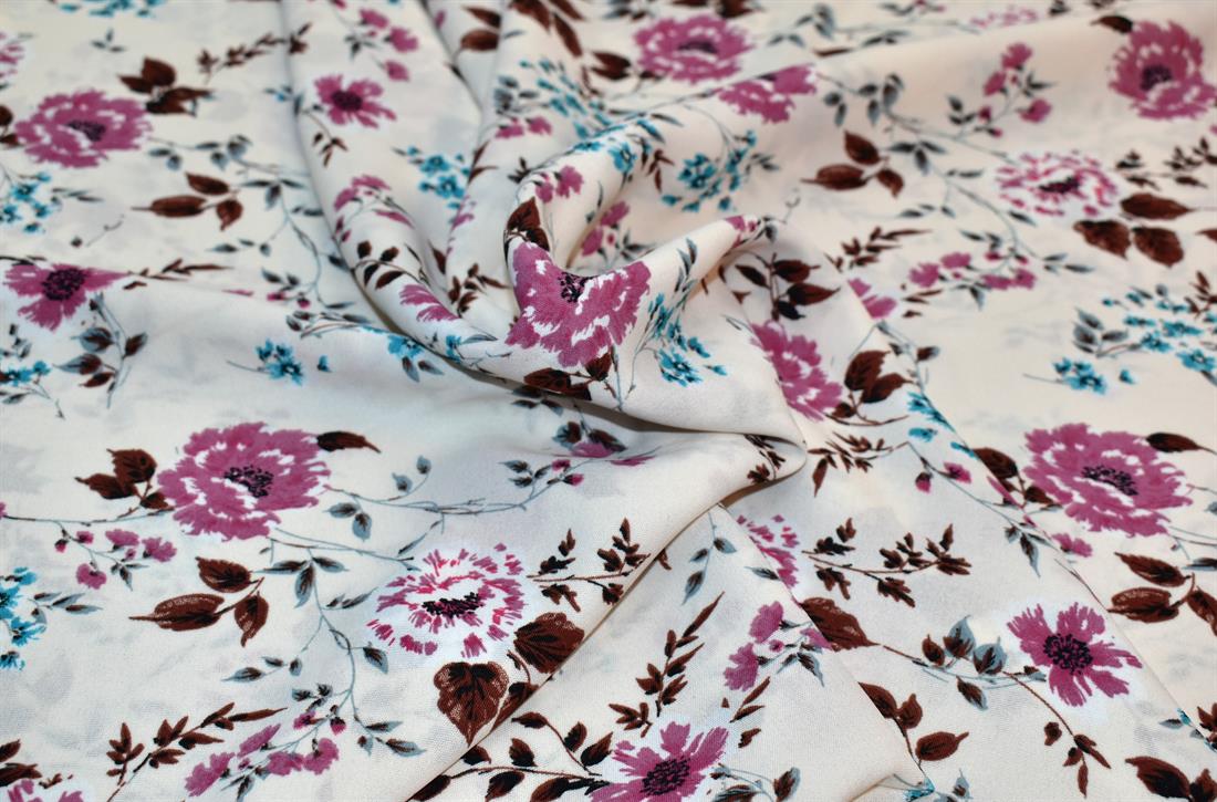 White & Pink Viscose 2Mtr Piece Printed Floral 100% Fabric