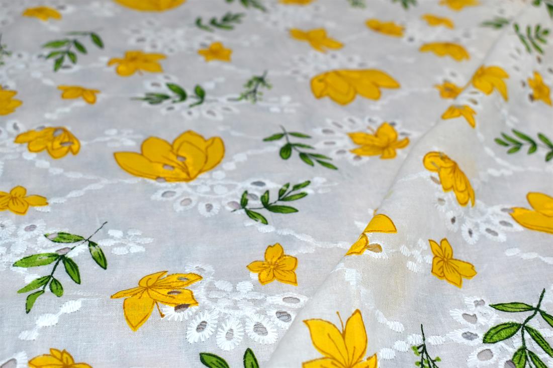 Flowers and Leaves Polycotton Anglaise Introducing Broderie Fabric