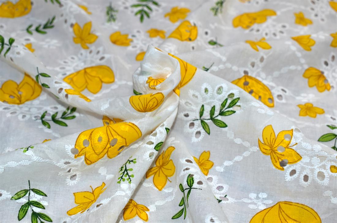 Flowers and Leaves Polycotton Anglaise Introducing Broderie Fabric