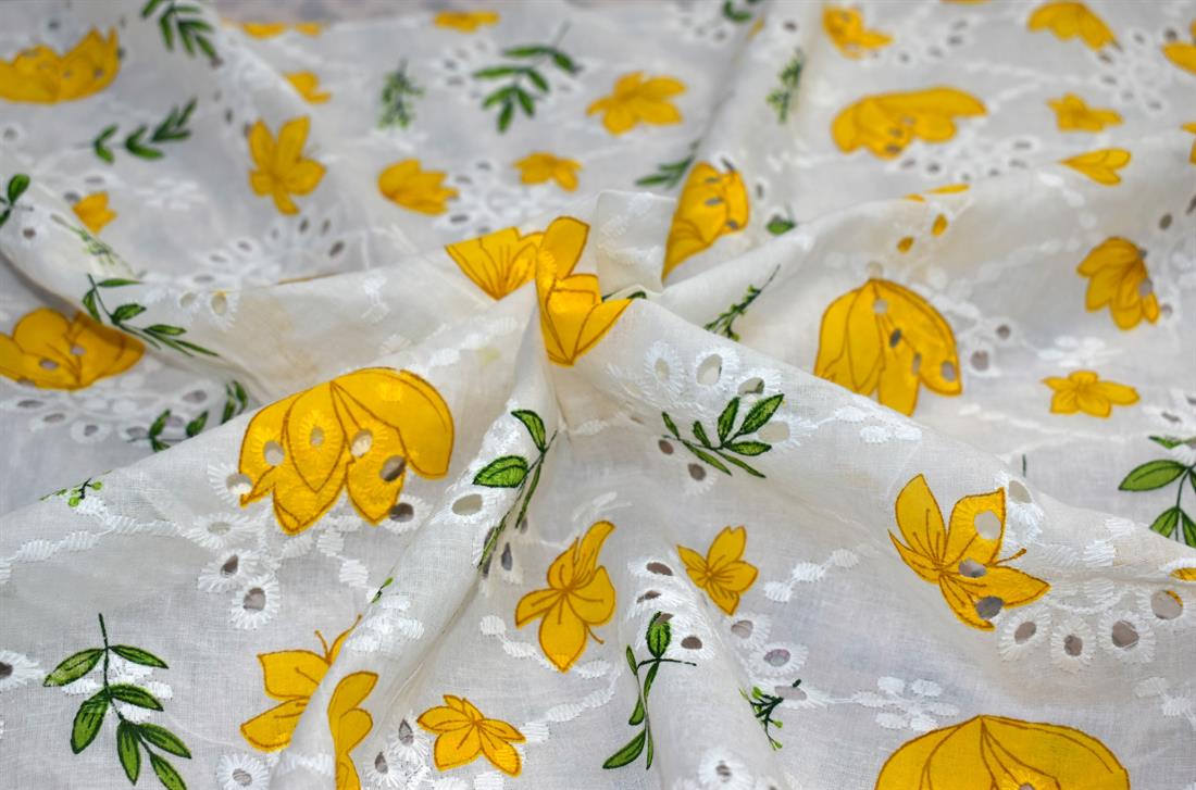Flowers and Leaves Polycotton Anglaise Introducing Broderie Fabric