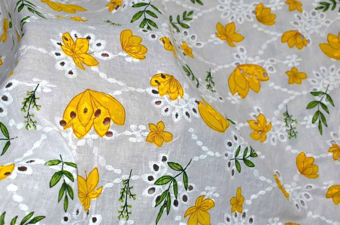 Flowers and Leaves Polycotton Anglaise Introducing Broderie Fabric