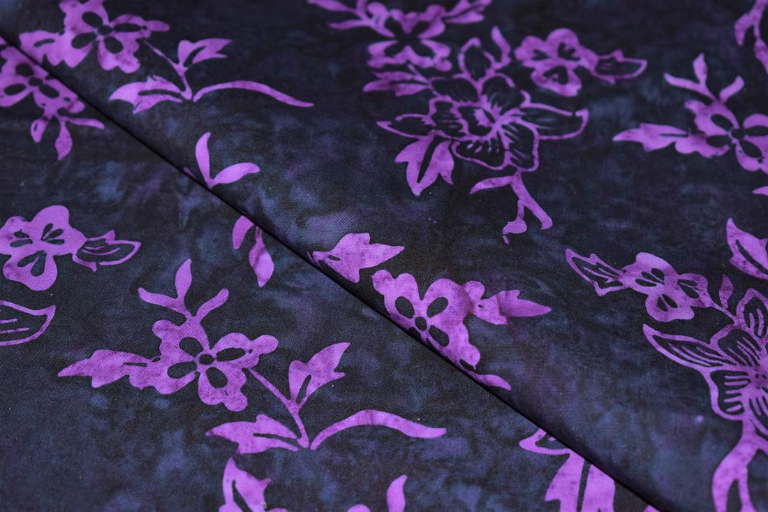 Black & Purple Batik Fabric, Hand Printed Autumn Floral Design