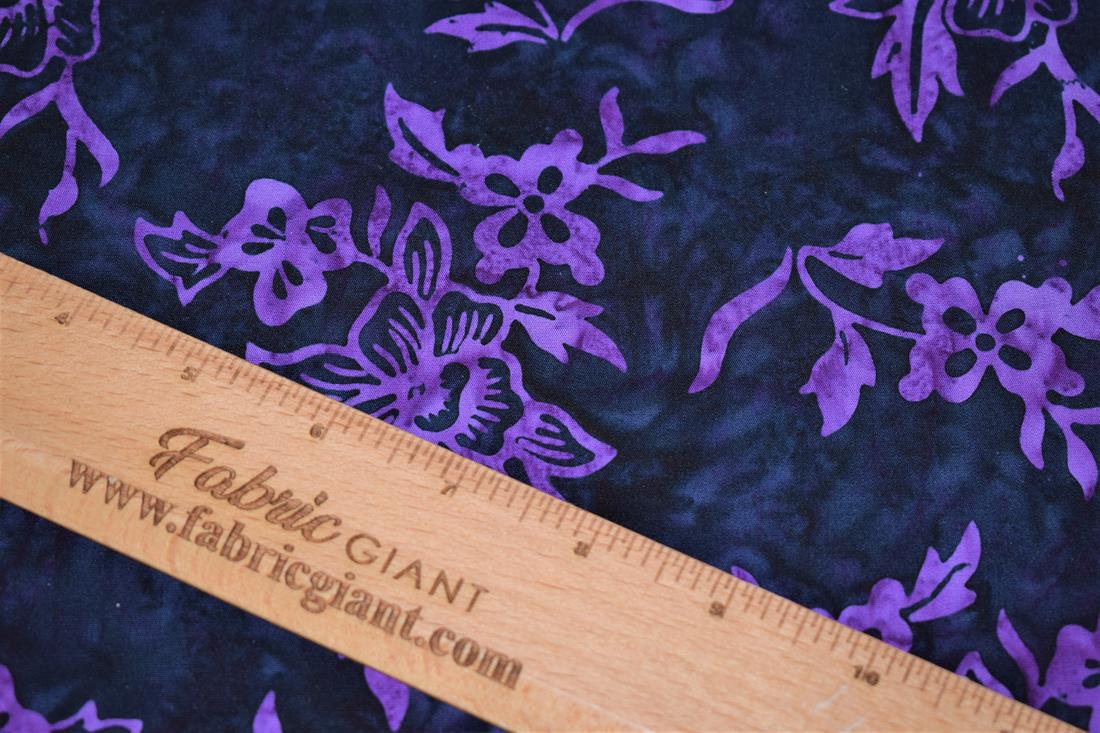 Black & Purple Batik Fabric, Hand Printed Autumn Floral Design