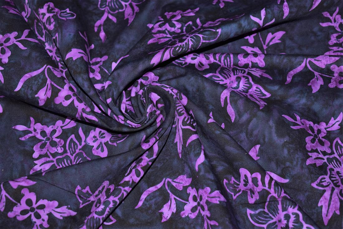 Black & Purple Batik Fabric, Hand Printed Autumn Floral Design