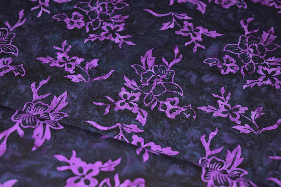 Black & Purple Batik Fabric, Hand Printed Autumn Floral Design