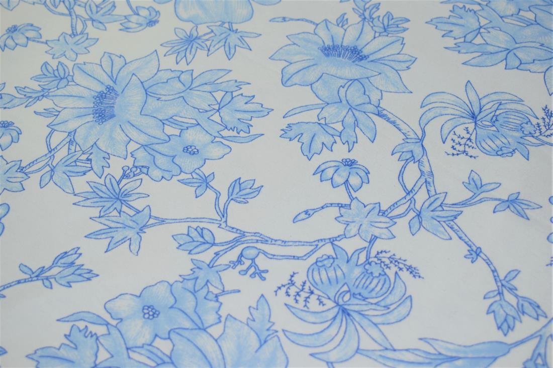 White & Blue Flower Print Brushed Cotton Fabric