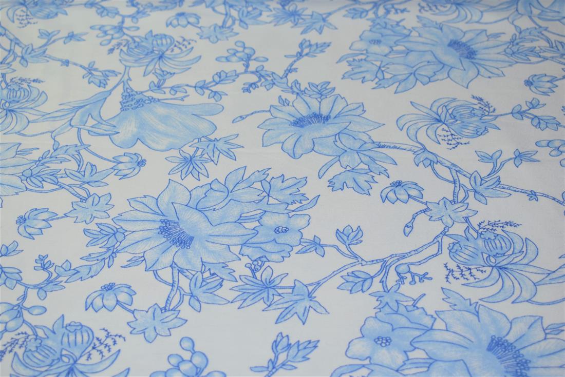White & Blue Flower Print Brushed Cotton Fabric