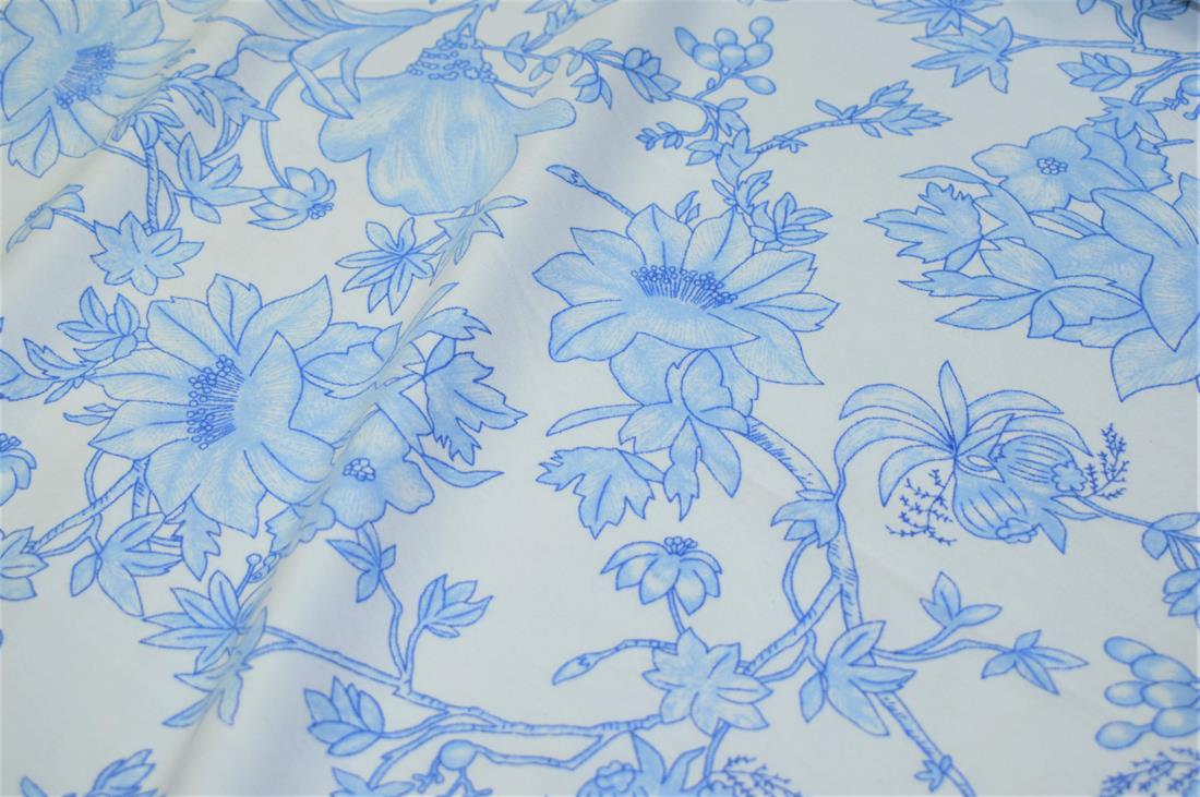White & Blue Flower Print Brushed Cotton Fabric