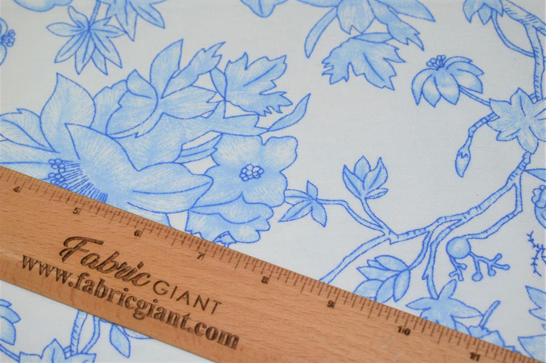 White & Blue Flower Print Brushed Cotton Fabric