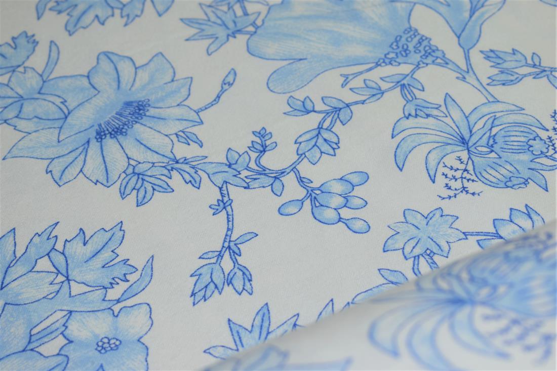 White & Blue Flower Print Brushed Cotton Fabric