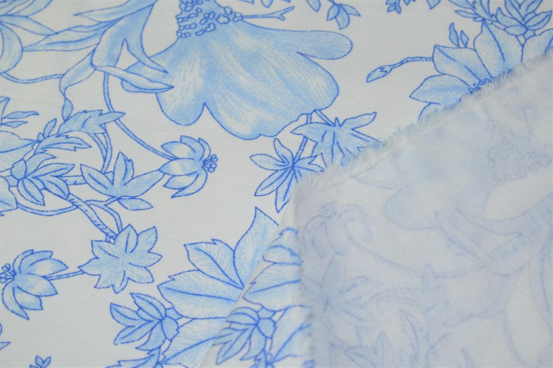 White & Blue Flower Print Brushed Cotton Fabric