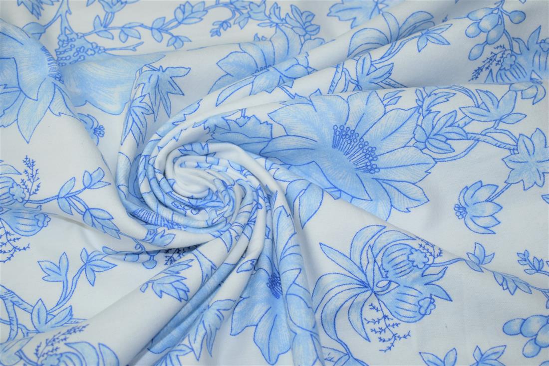 White & Blue Flower Print Brushed Cotton Fabric