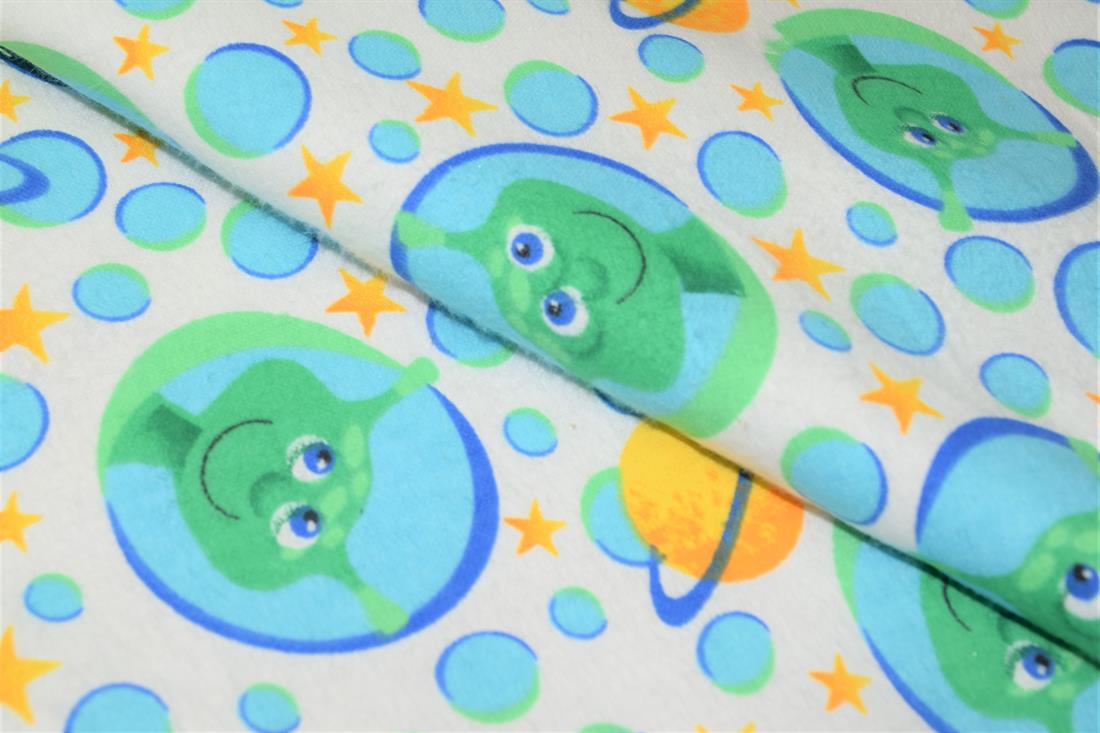 White 100% Brushed Flannel Cotton Fabric, Aliens Print