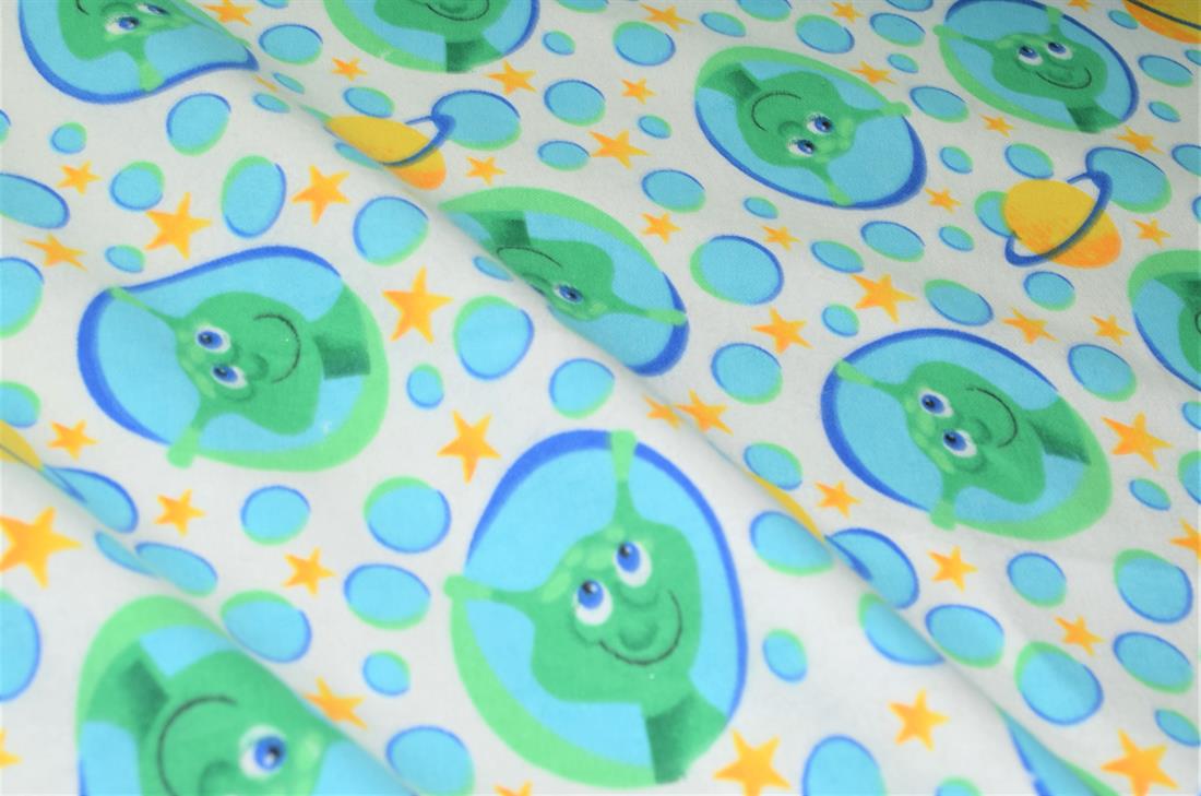 White 100% Brushed Flannel Cotton Fabric, Aliens Print