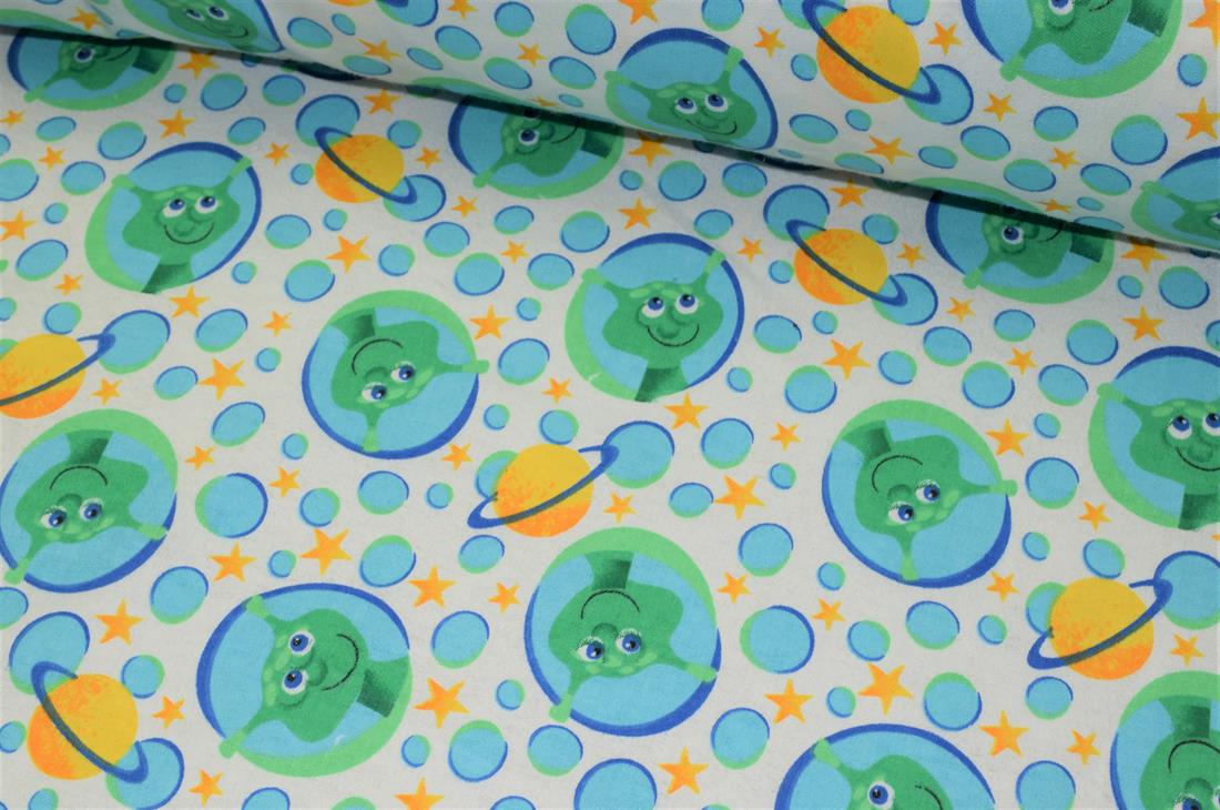 White 100% Brushed Flannel Cotton Fabric, Aliens Print