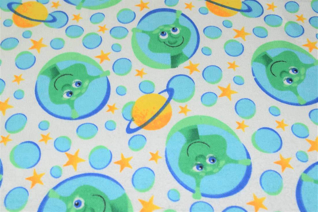 White 100% Brushed Flannel Cotton Fabric, Aliens Print