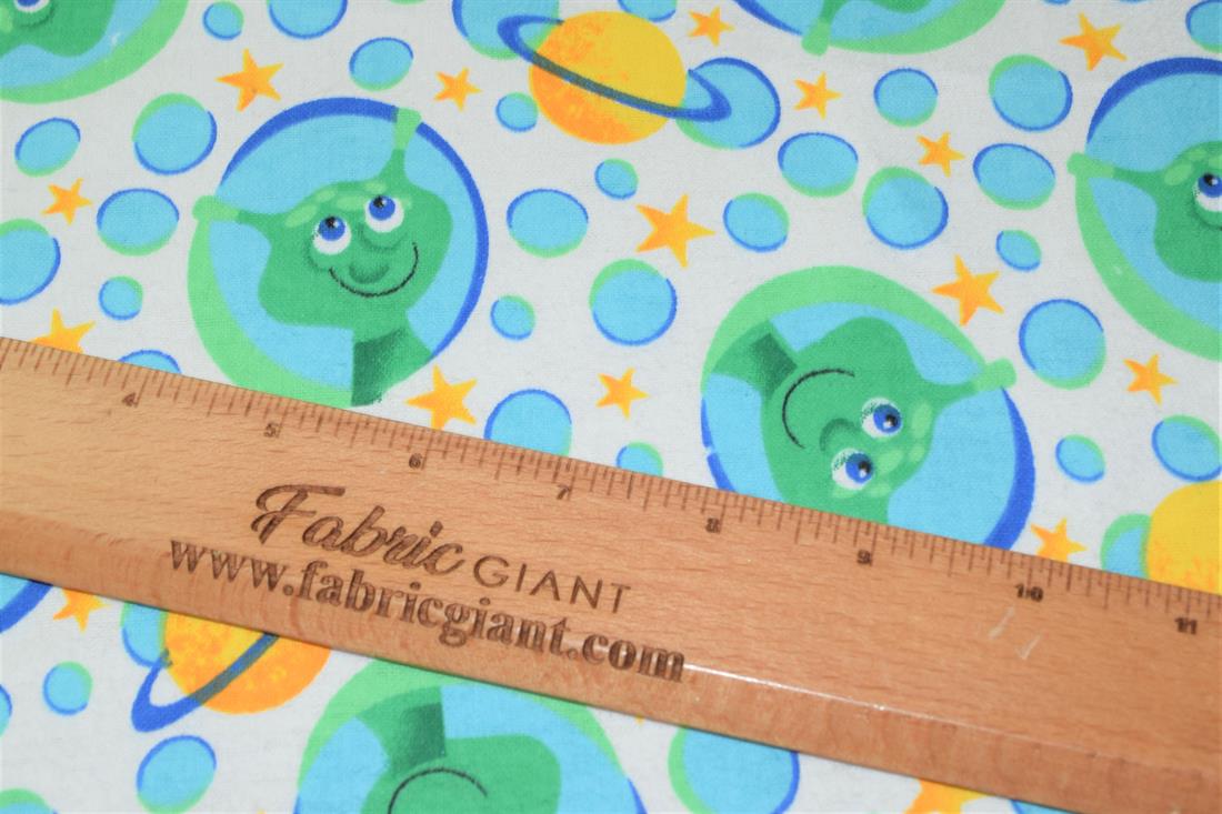 White 100% Brushed Flannel Cotton Fabric, Aliens Print