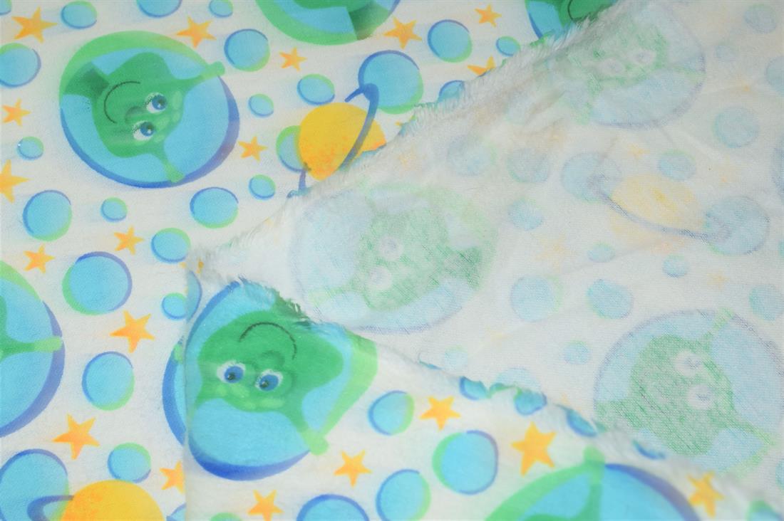 White 100% Brushed Flannel Cotton Fabric, Aliens Print
