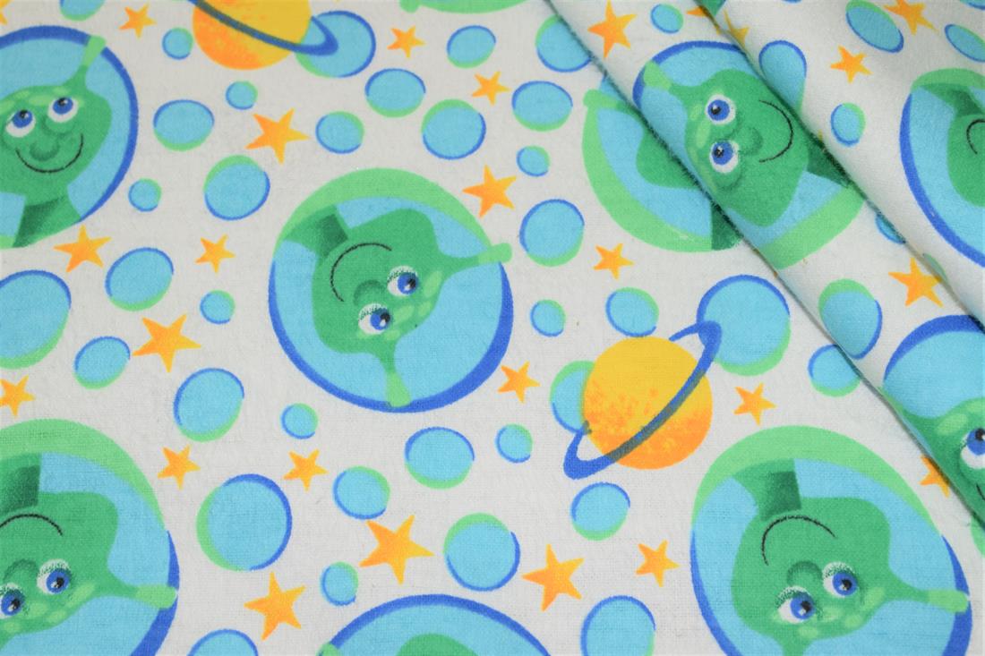 White 100% Brushed Flannel Cotton Fabric, Aliens Print