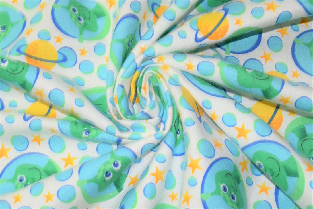White 100% Brushed Flannel Cotton Fabric, Aliens Print