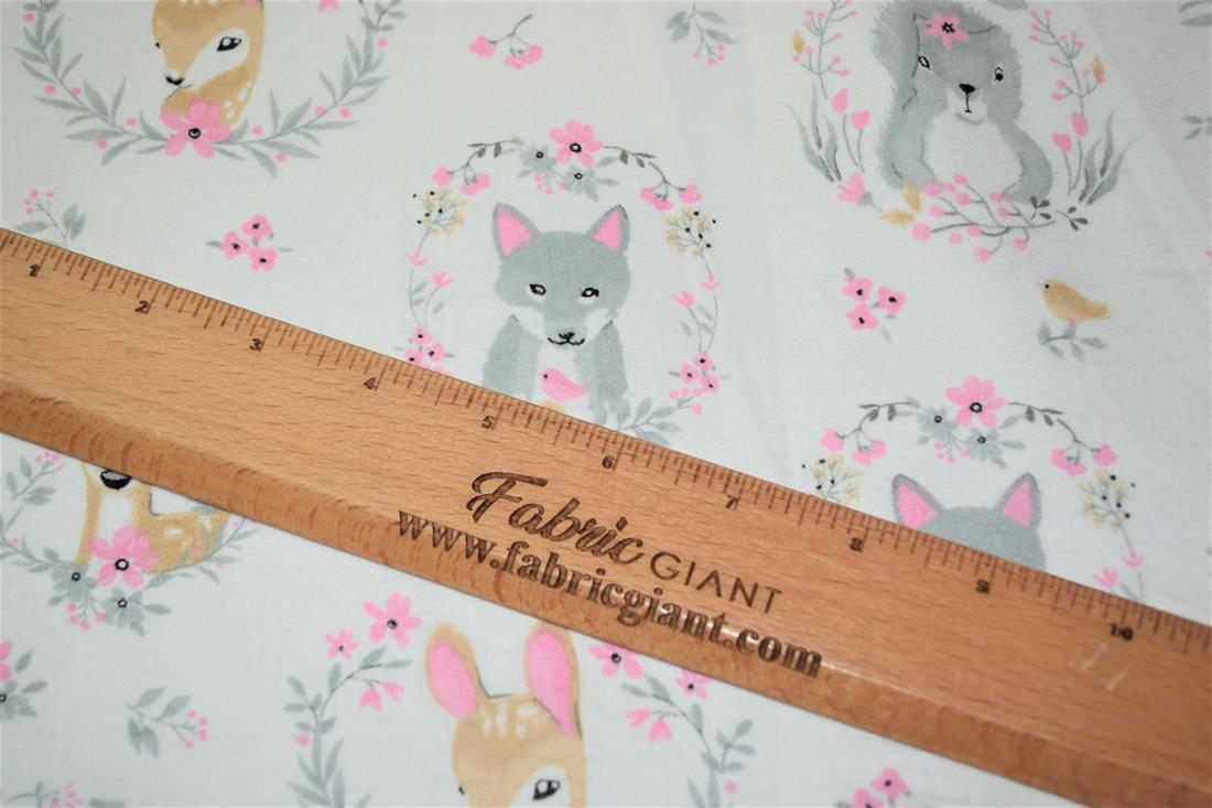 Ivory Woodland Animals Prented 100% Brushed Flannel Cotton Fabric
