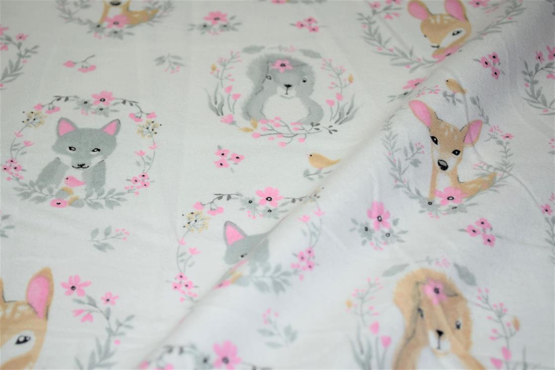 Ivory Woodland Animals Prented 100% Brushed Flannel Cotton Fabric