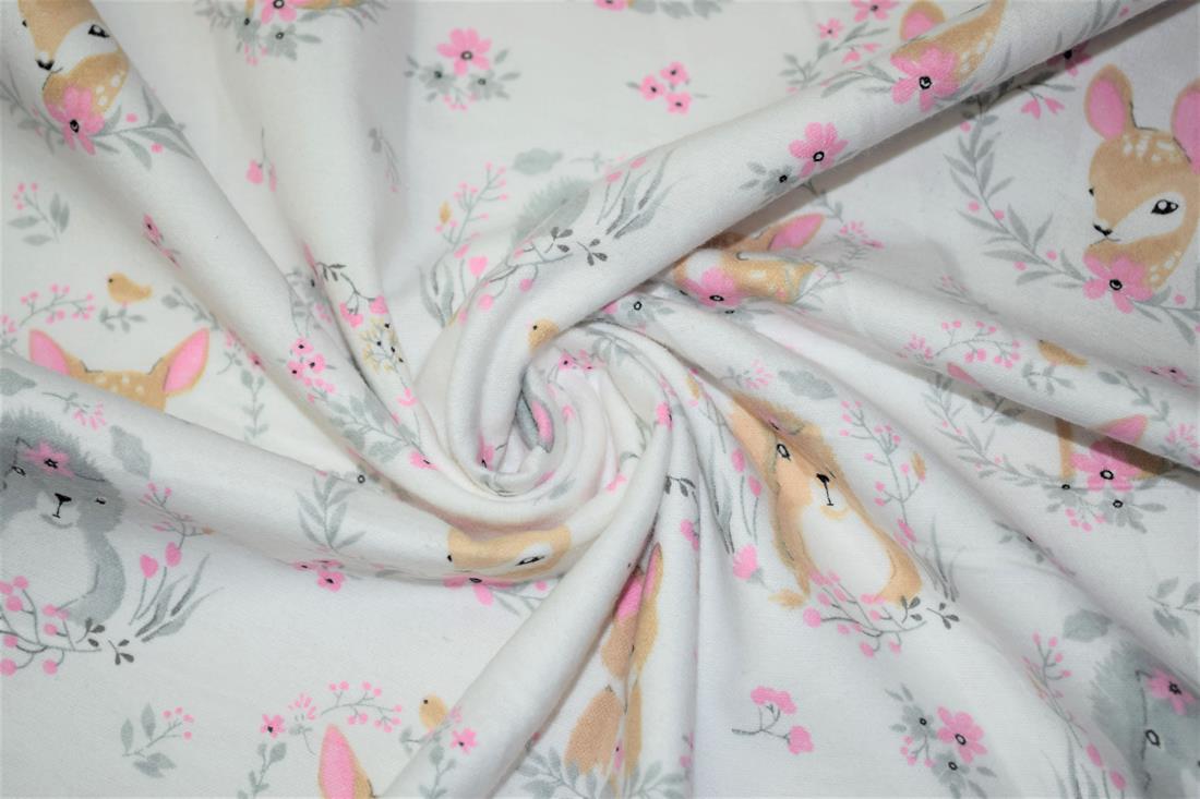Ivory Woodland Animals Prented 100% Brushed Flannel Cotton Fabric