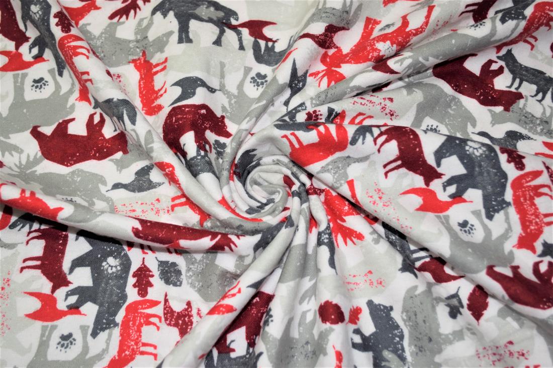 Grey & Red Red Bear Print Christmas 100% Brushed Flannel Cotton Fabric