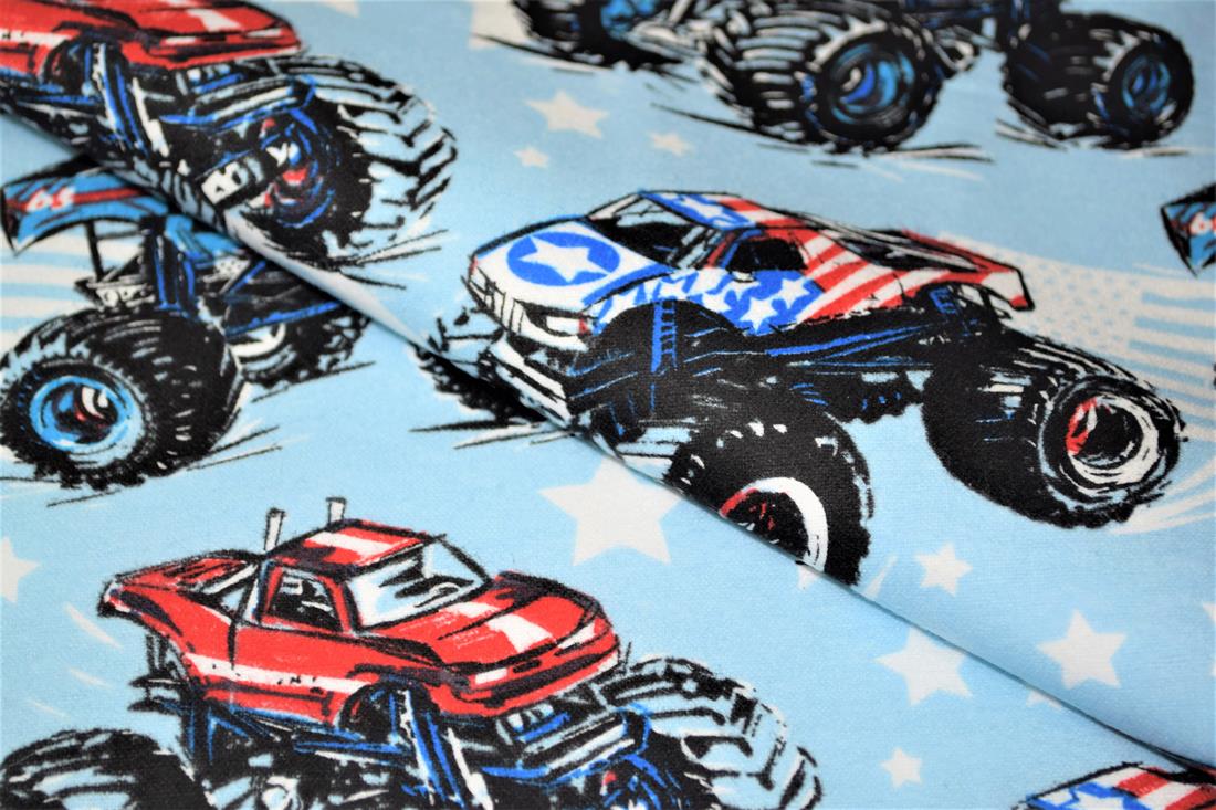 Sky Blue Monster Trucks Printed Cars 100% Brushed Flannel Cotton…