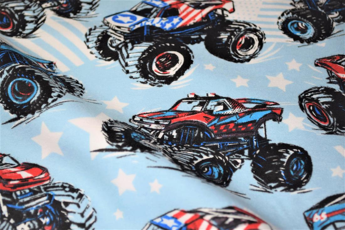 Sky Blue Monster Trucks Printed Cars 100% Brushed Flannel Cotton…