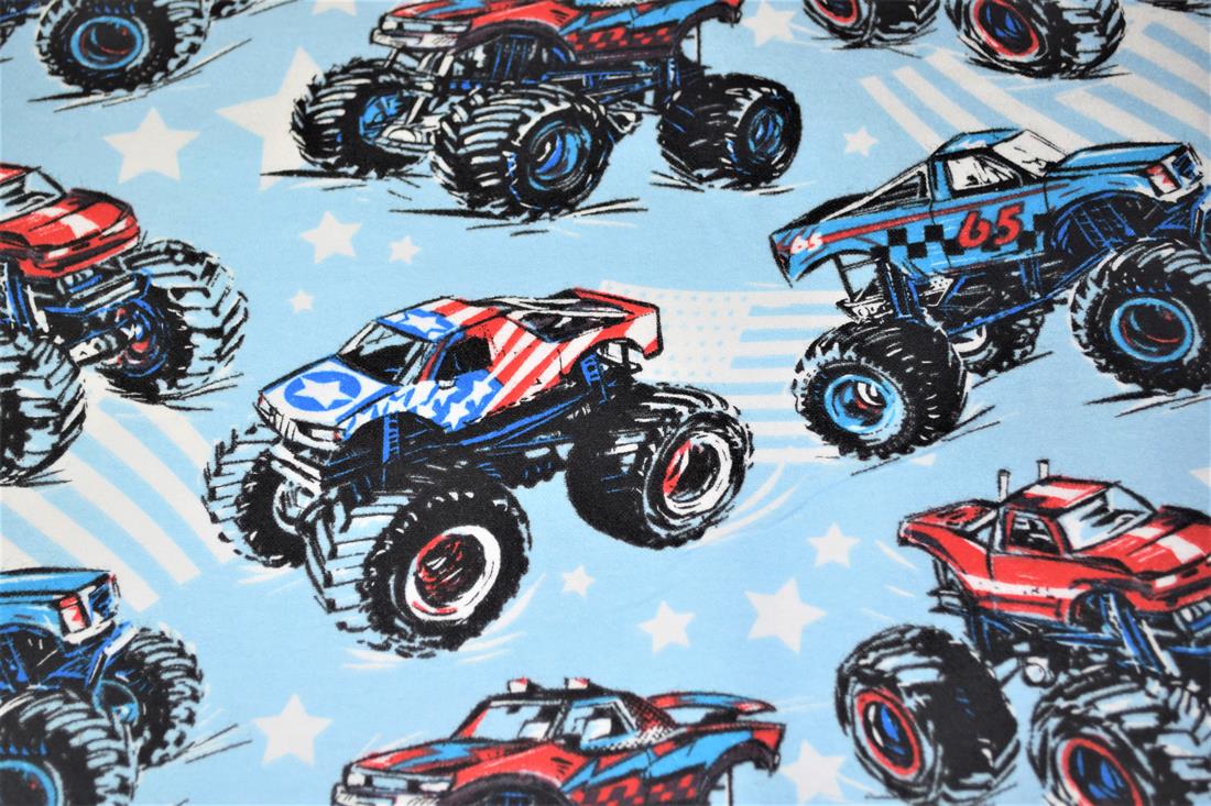 Sky Blue Monster Trucks Printed Cars 100% Brushed Flannel Cotton…