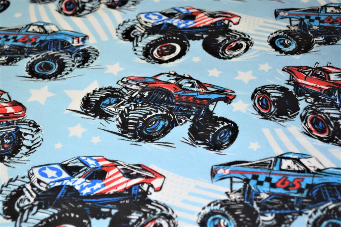 Sky Blue Monster Trucks Printed Cars 100% Brushed Flannel Cotton…