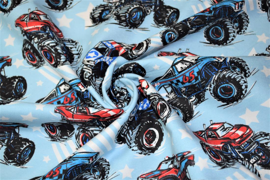 Sky Blue Monster Trucks Printed Cars 100% Brushed Flannel Cotton…