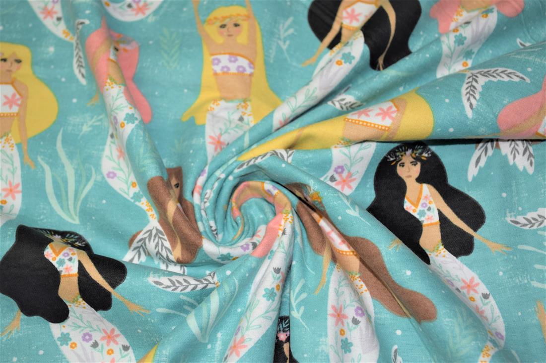 Aqua Printed Soft Brushed Flannel Winceyette 100% Cotton Fabric