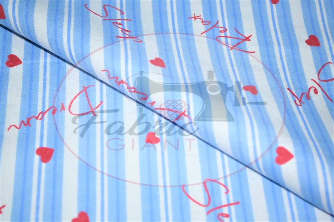 Blue Strips Heart Printed Brushed Cotton Fabric