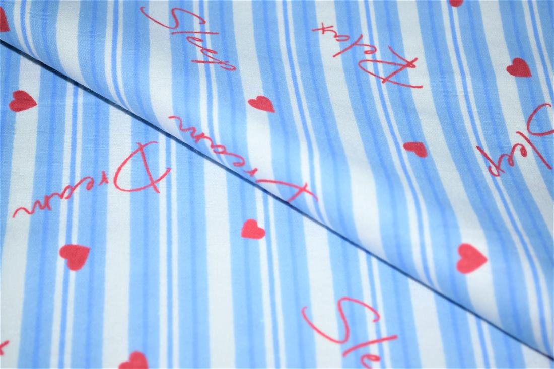 Blue Strips Heart Printed Brushed Cotton Fabric