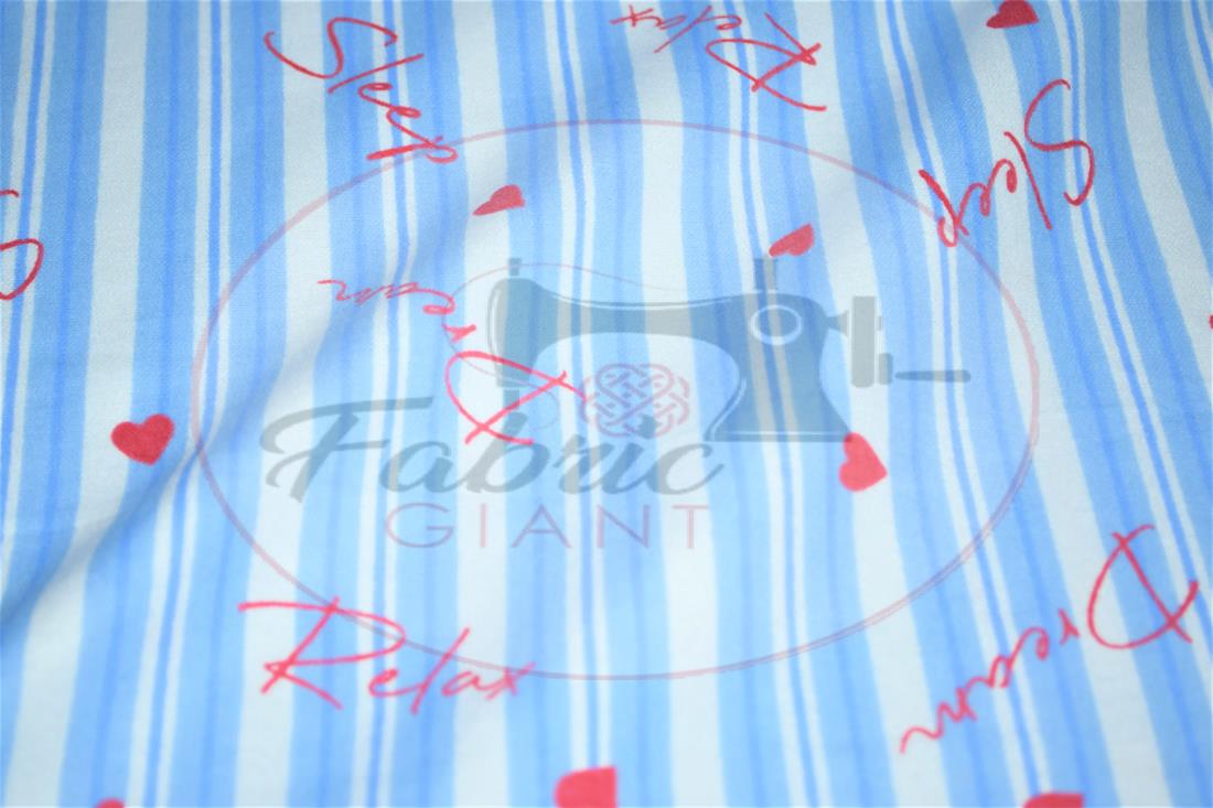 Blue Strips Heart Printed Brushed Cotton Fabric
