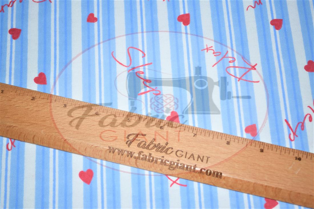 Blue Strips Heart Printed Brushed Cotton Fabric