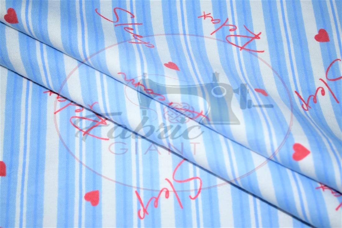 Blue Strips Heart Printed Brushed Cotton Fabric