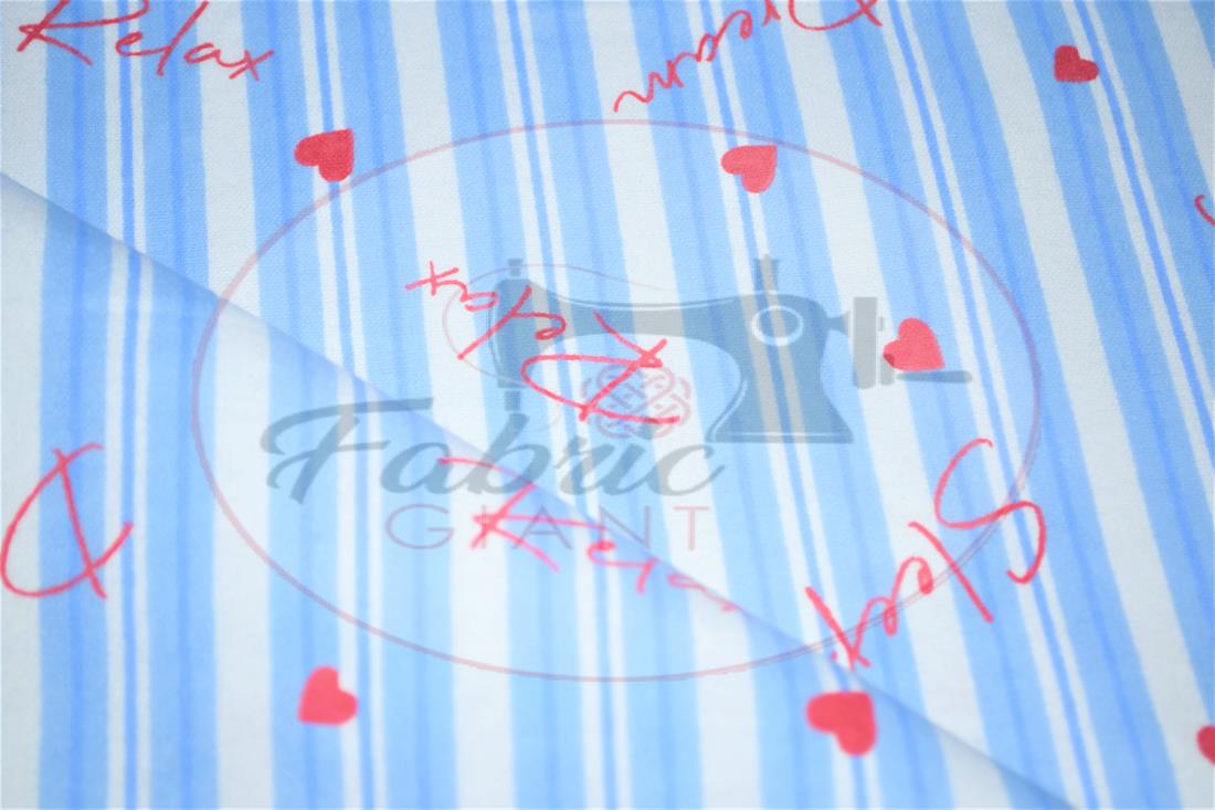 Blue Strips Heart Printed Brushed Cotton Fabric