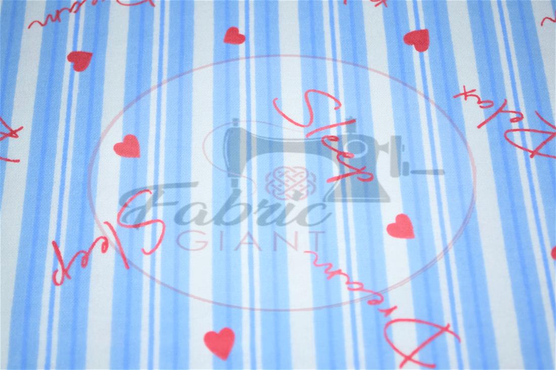Blue Strips Heart Printed Brushed Cotton Fabric