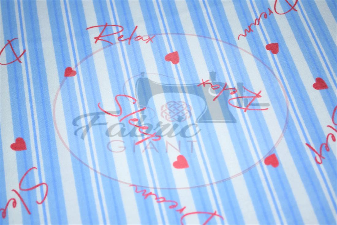 Blue Strips Heart Printed Brushed Cotton Fabric