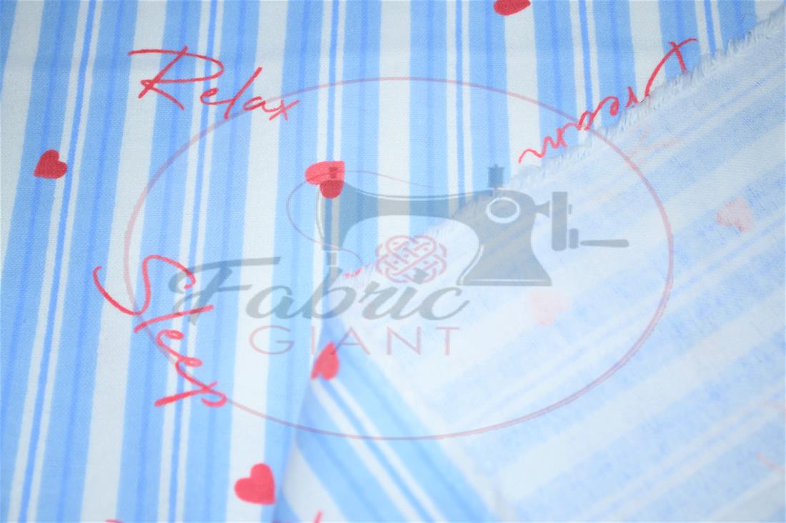 Blue Strips Heart Printed Brushed Cotton Fabric