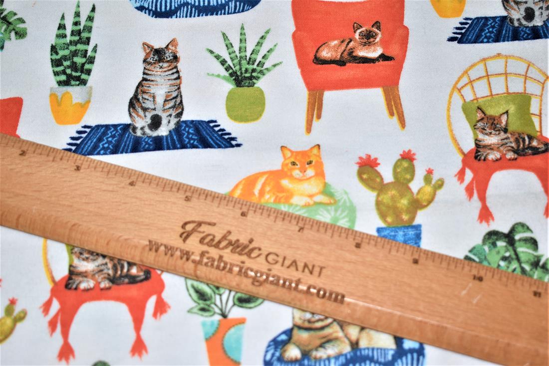 White Cat Printed Soft Brushed Flannel Winceyette 100% Cotton Fabric