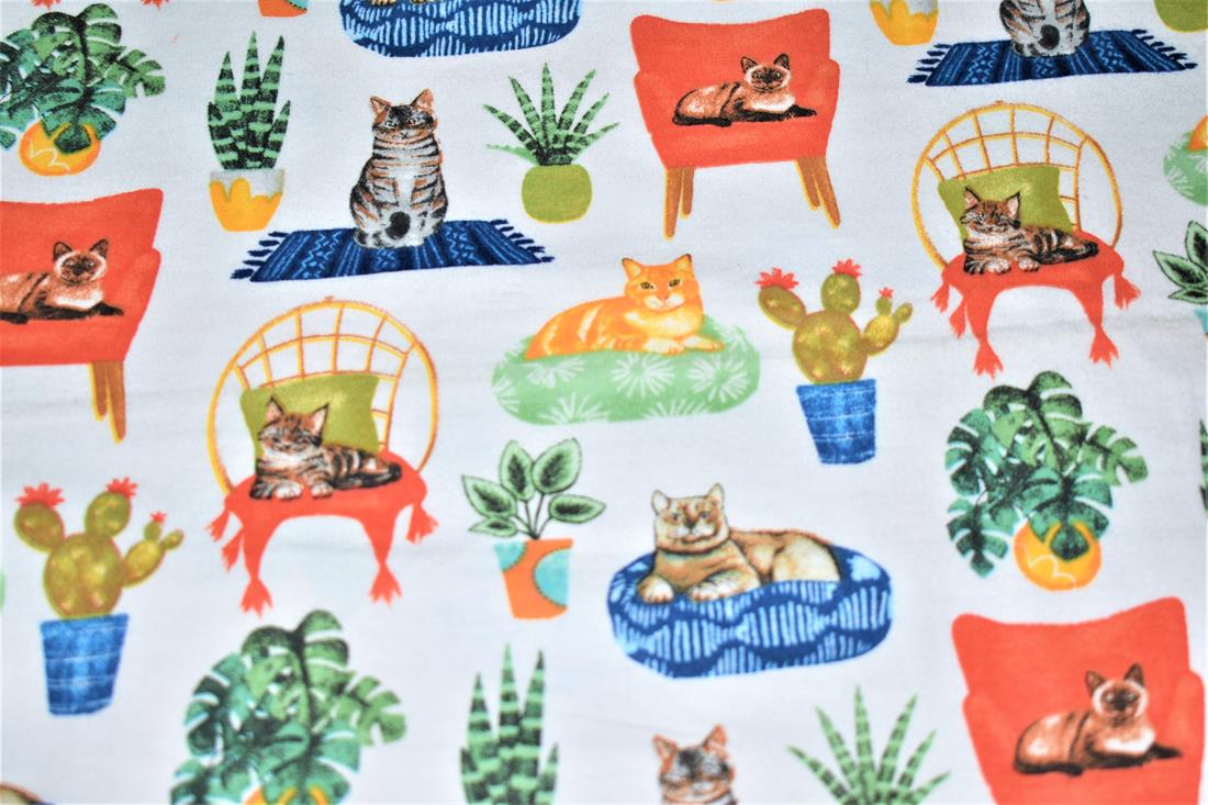White Cat Printed Soft Brushed Flannel Winceyette 100% Cotton Fabric